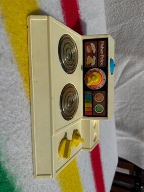70s Fisher-Price Cream and Yellow Toy Stove - Kids Play Kitchen Accessory